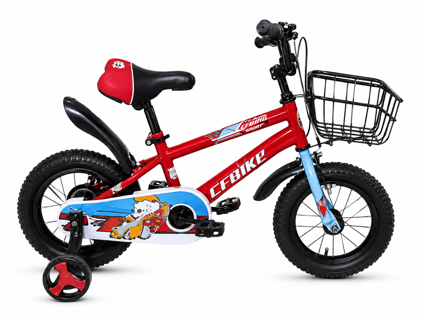 Red and blue 12-inch kids bicycle with training wheels, front basket, mudguards and cartoon chain guard