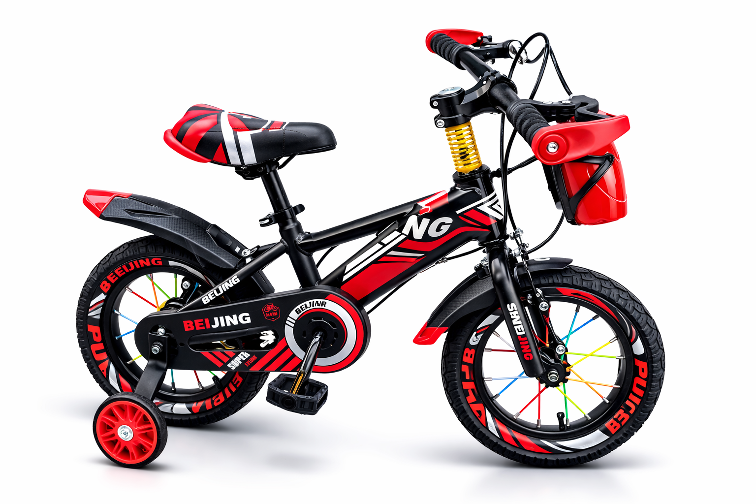 Beijing Size 12 kids bicycle with training wheels, front storage basket, front and rear mudguards, chain guard, suspension spring, sporty racing graphics.