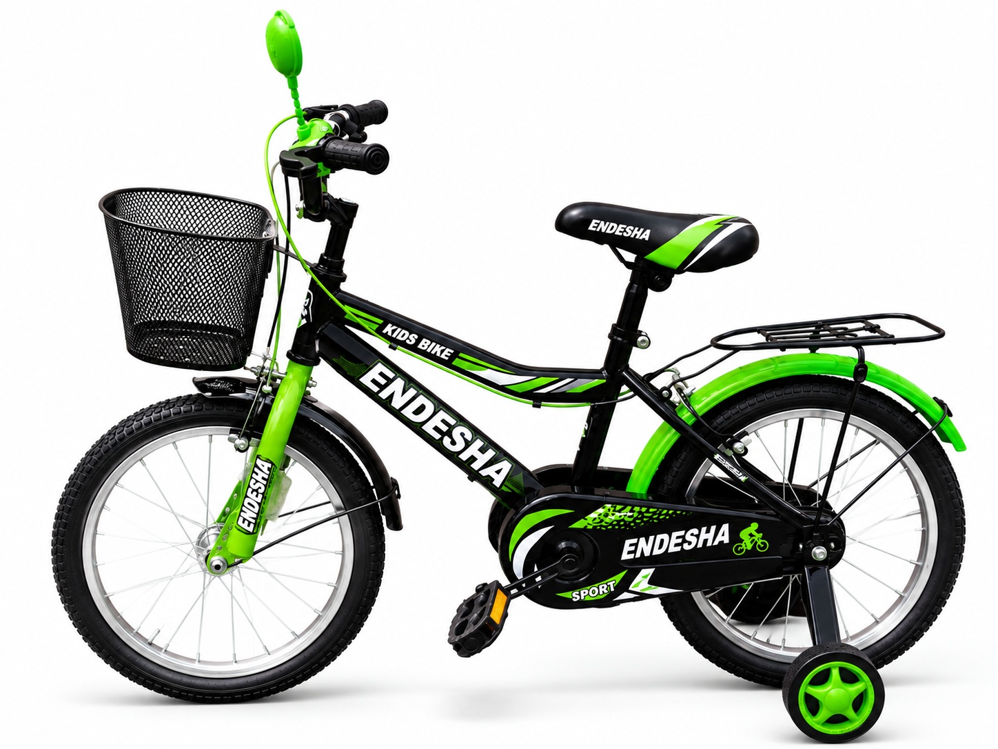 Green and black Endesha 16-inch kids bicycle with training wheels, front basket, rear carrier and mudguards
