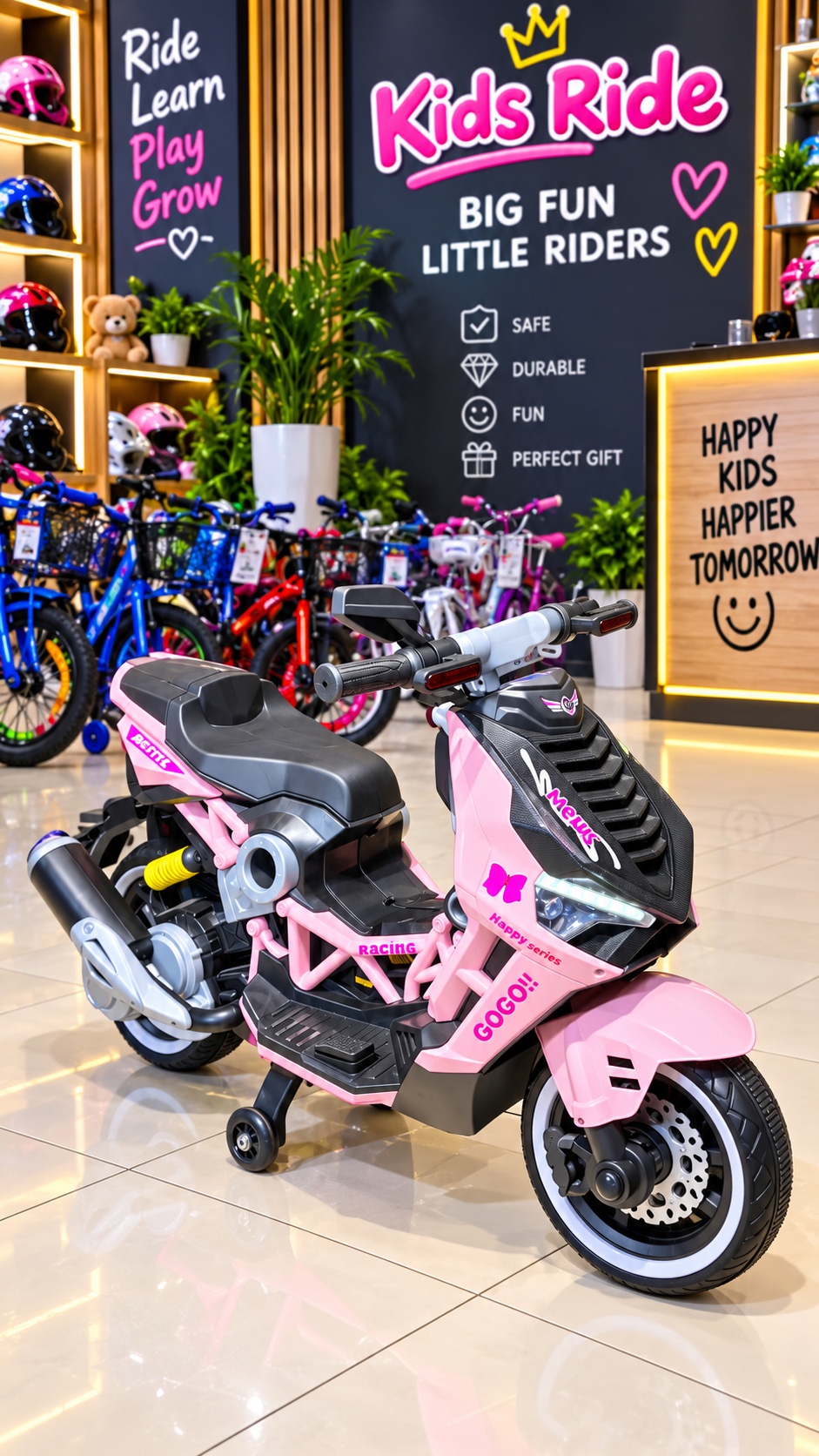 Pink kids electric racing motorcycle with training wheels and sporty design