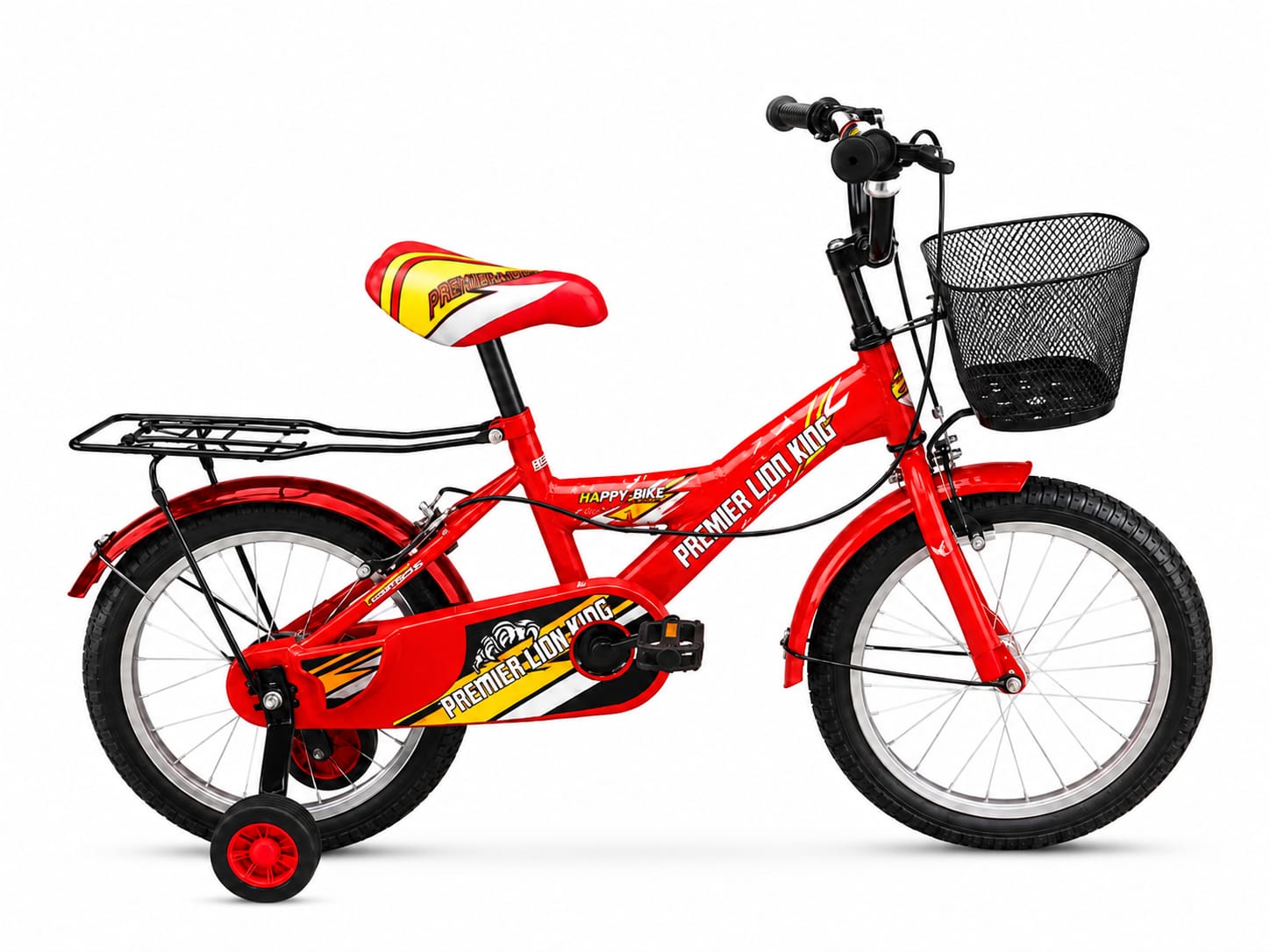 Size 16 kids bicycle with training wheels, front basket, rear carrier rack, chain guard, comfortable padded seat, and durable tires, designed for young children