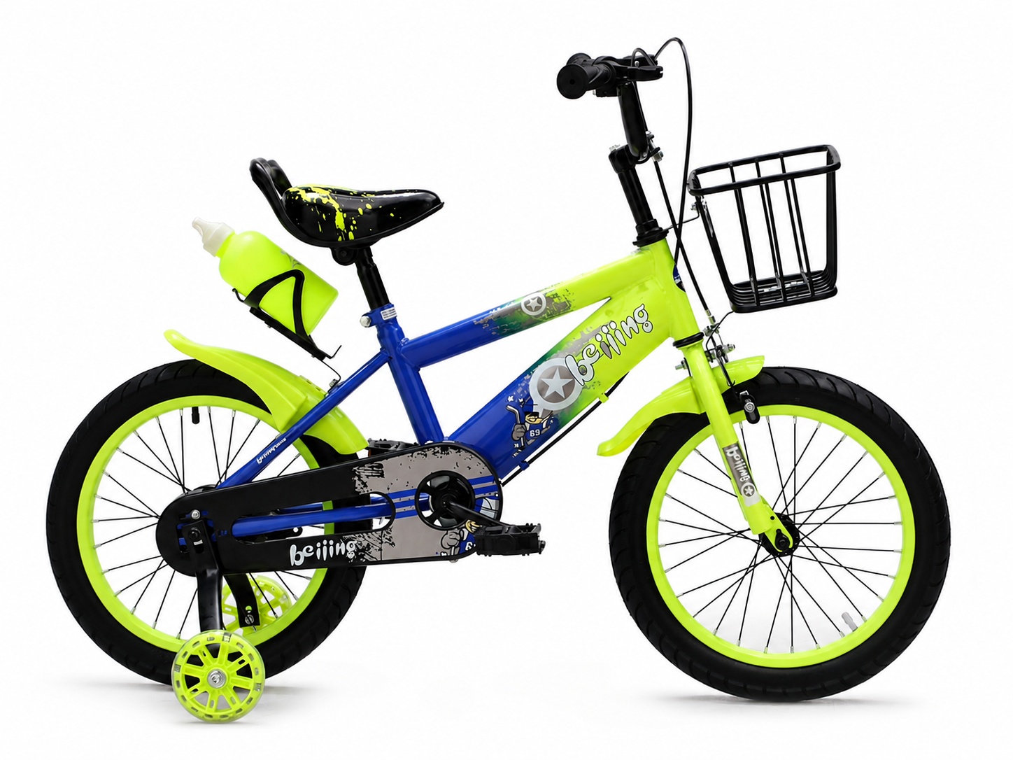 Blue and lime green 16-inch kids bicycle with training wheels, front basket, mudguards and water bottle holder