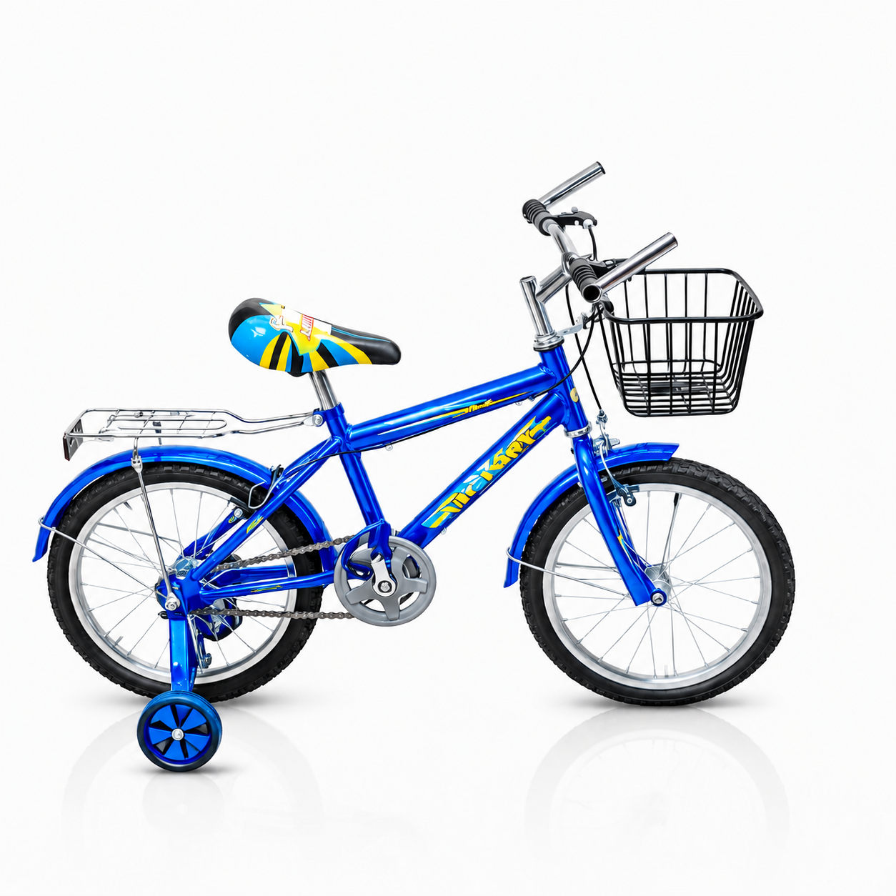 Children's bicycle with training wheels, front wire basket, rear cargo rack, black saddle with yellow accents, chrome handlebars, and black tires.