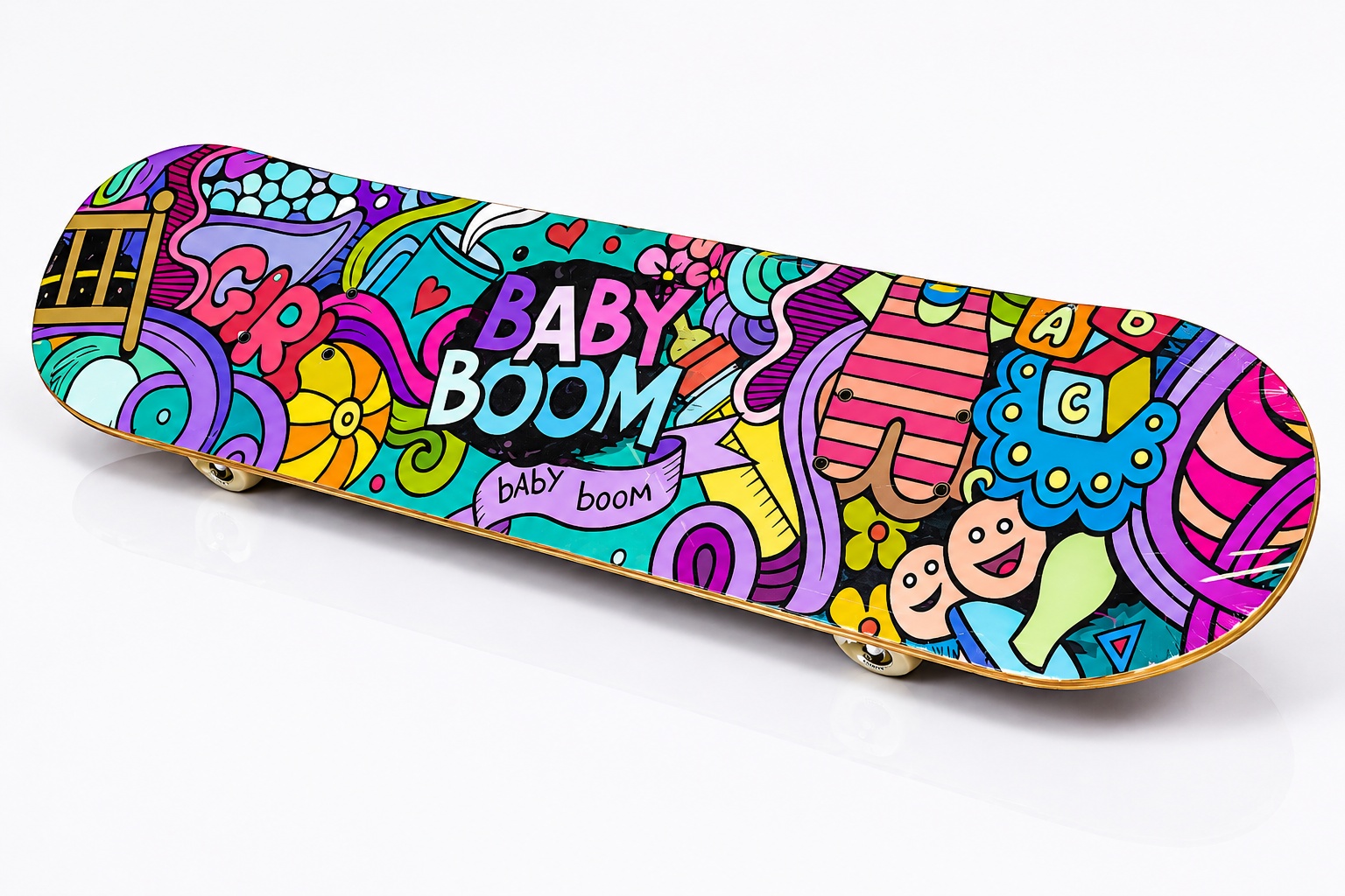Complete skateboard with colorful Baby Boom graphic deck, durable maple wood construction, PU wheels, and precision bearings.