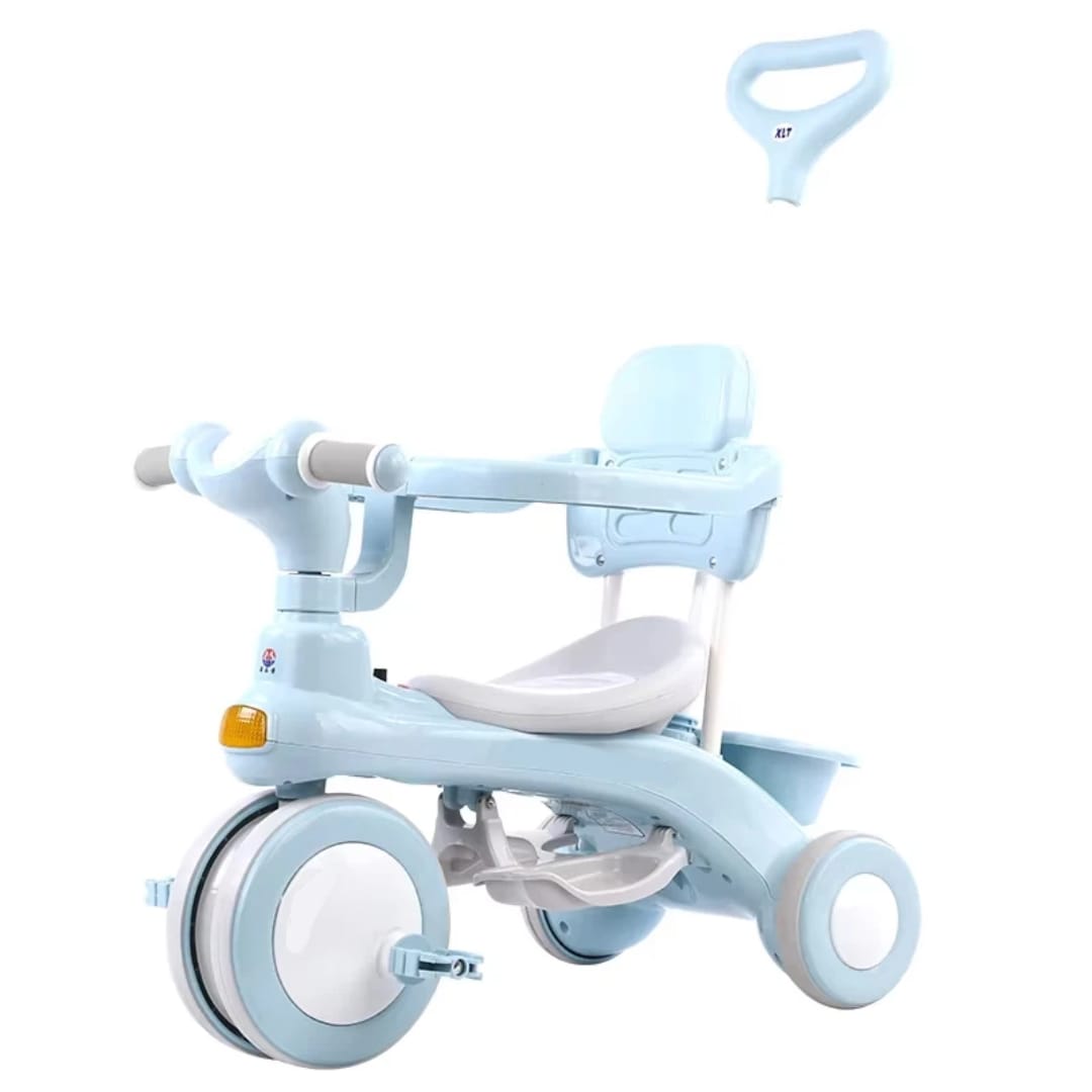 Premium 5-in-1 sky blue kids tricycle with removable parent push handle, safety backrest, footrest, and durable wheels for toddlers.