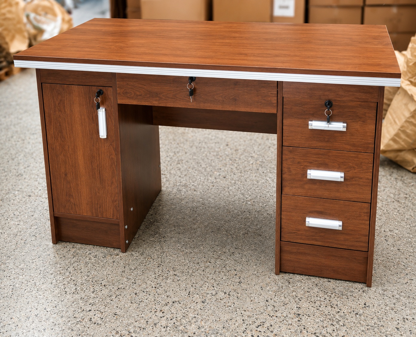 1.2m executive wooden office desk in walnut finish with lockable drawers, storage cabinet, keyboard drawer, and spacious work surface.