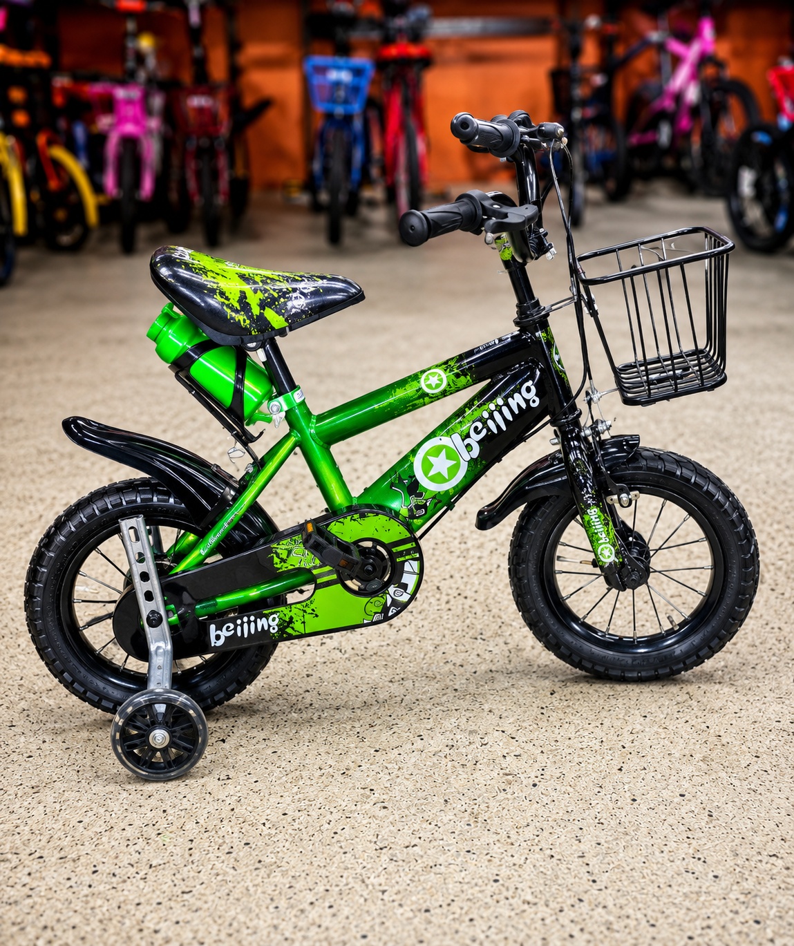 Beijing 16-inch kids bicycle in black and neon green with training wheels, chain guard, mudguards, and comfortable saddle for young children.