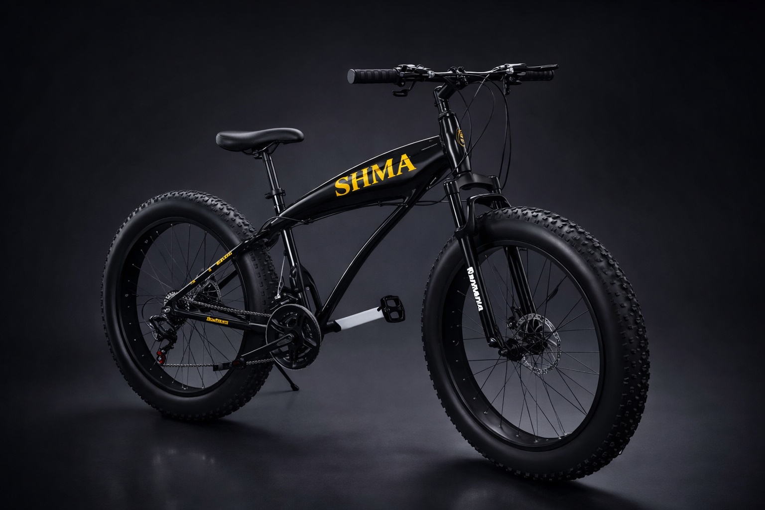Size 26 Sanhema fat tire mountain bike in black with oversized all-terrain tires, front suspension fork, multi-speed gears, disc brakes, and a sporty frame desi