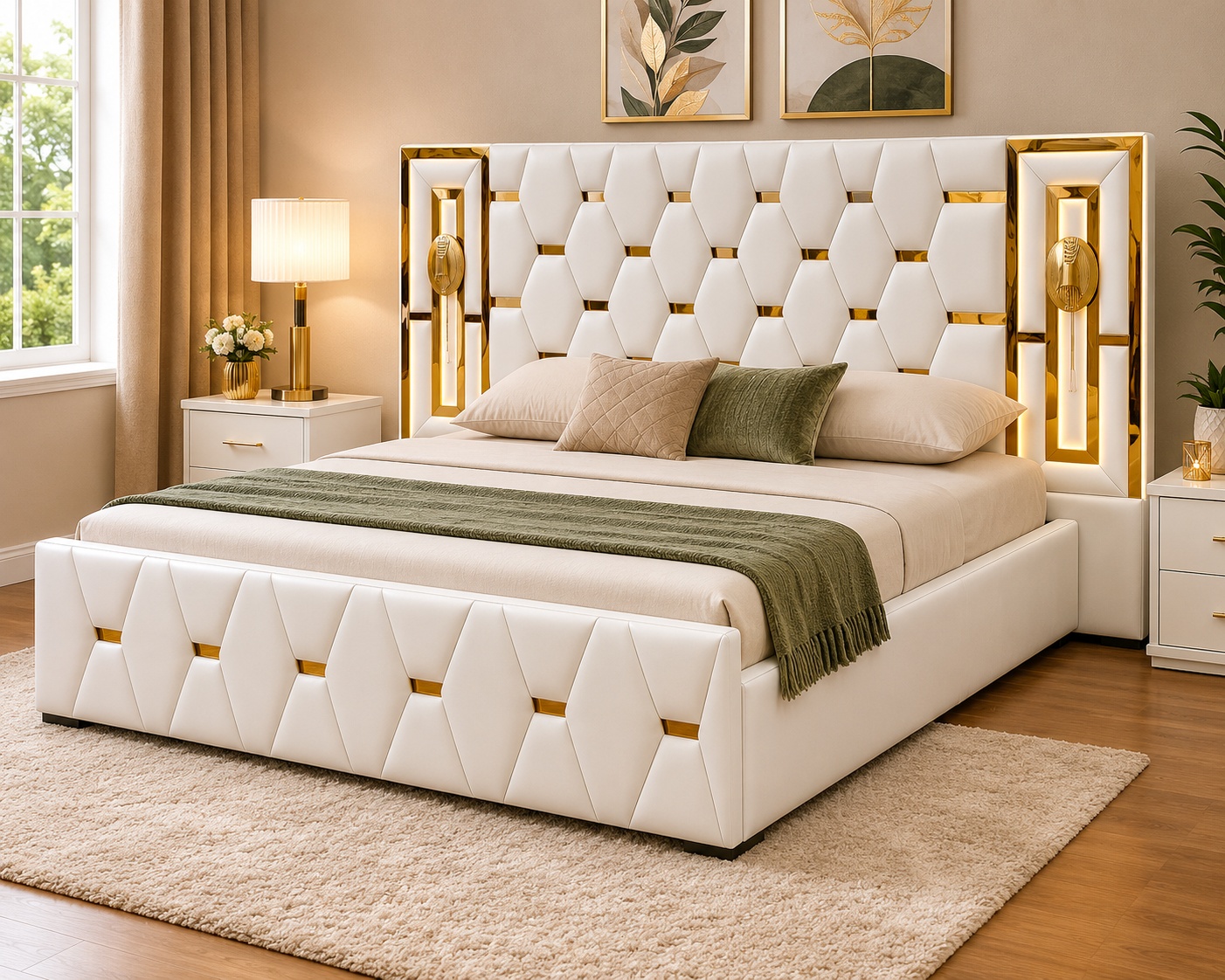 Luxury white 5x6 upholstered bed featuring a geometric 3D panel headboard, gold accent detailing, and a matching upholstered footboard.