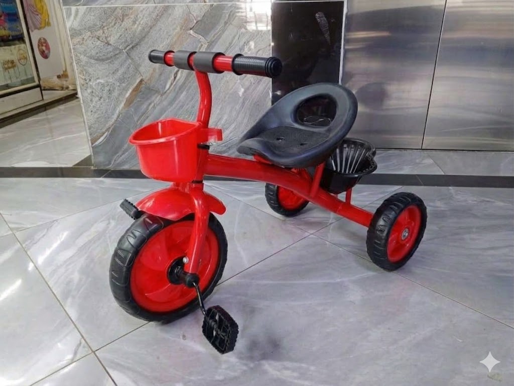 "Kids tricycle with parental handle, canopy, safety guard, and comfortable seat for toddlers aged 2-5 years."
