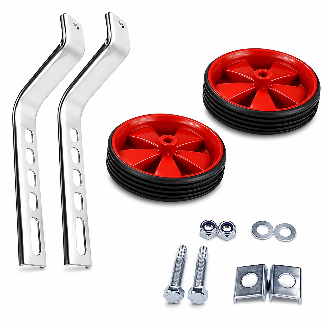 Universal red bicycle training wheels kit with adjustable steel mounting brackets, bolts, nuts, and washers for kids' bicycles.