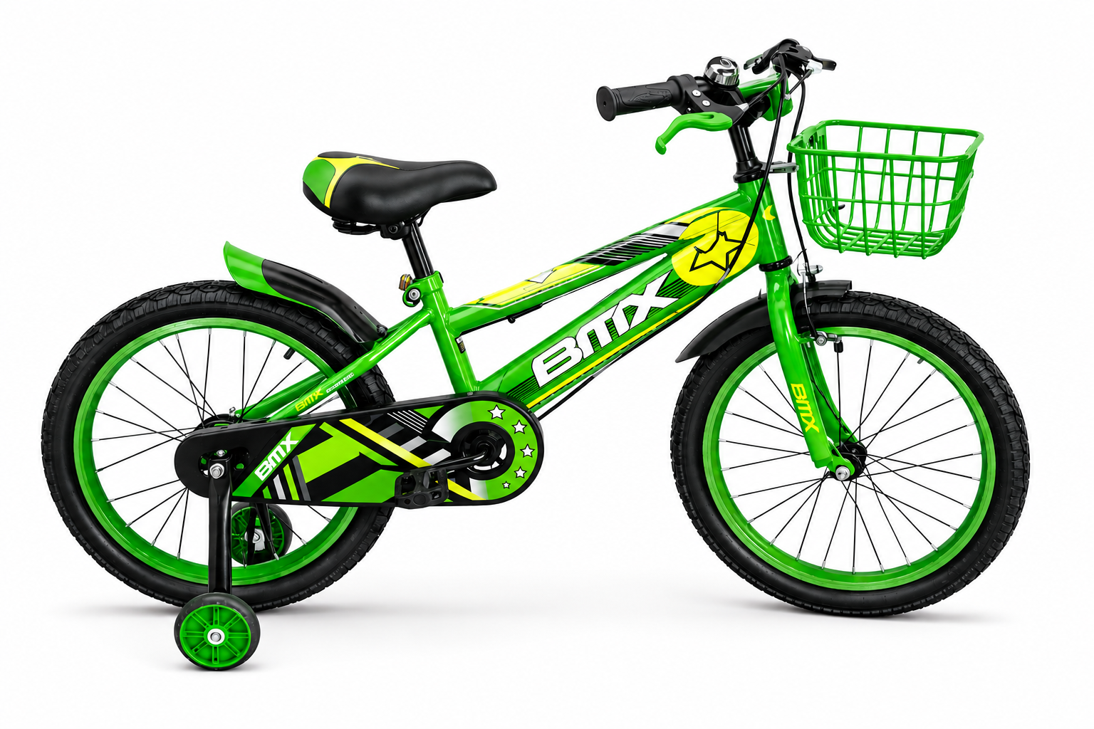 BMX-style kids' bicycle with training wheels, front basket, black chain guard, sporty graphics, and durable tires.