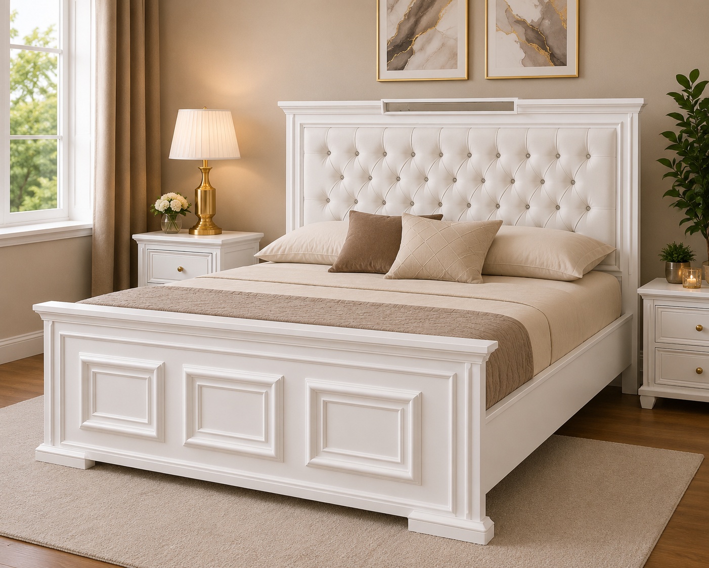 Modern white 5x6 bed featuring decorative moulded panel headboard and footboard with a classic contemporary design.