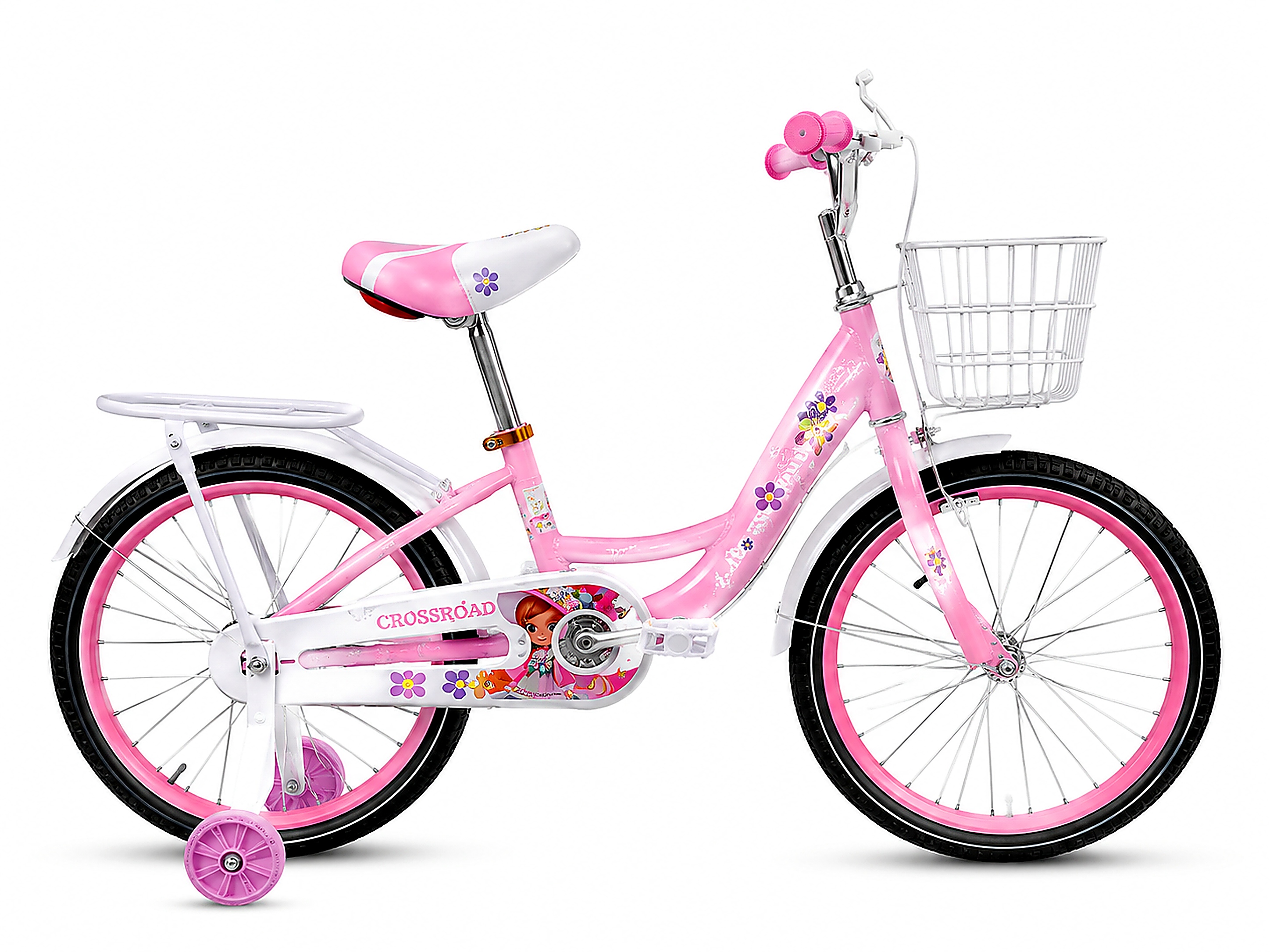 Crossroad 20-inch girls bicycle in pink and white with removable training wheels, front basket, rear carrier, chain guard, and adjustable saddle.