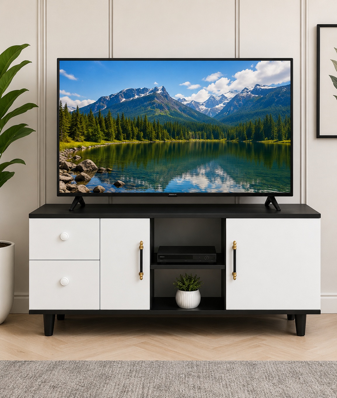 Modern black and white wooden TV stand with two drawers, two storage cabinets, open media shelves, and contemporary design.