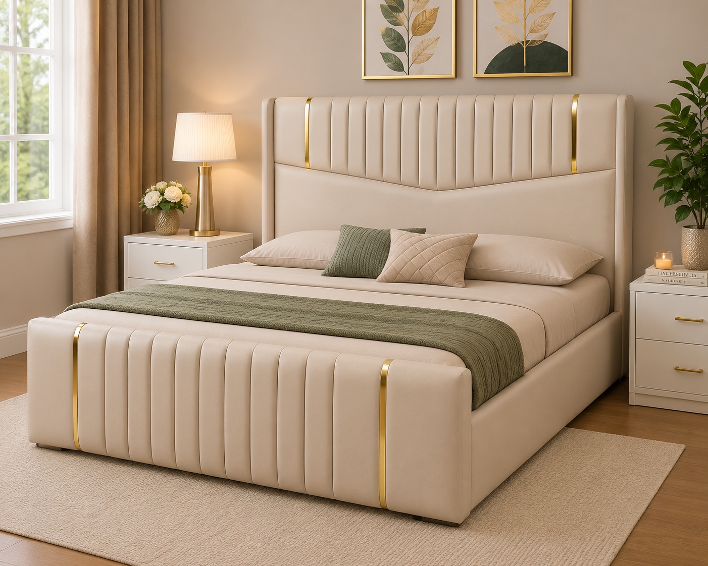 Modern beige 5x6 upholstered bed featuring a vertical channel-tufted headboard and footboard with decorative gold accent strips.