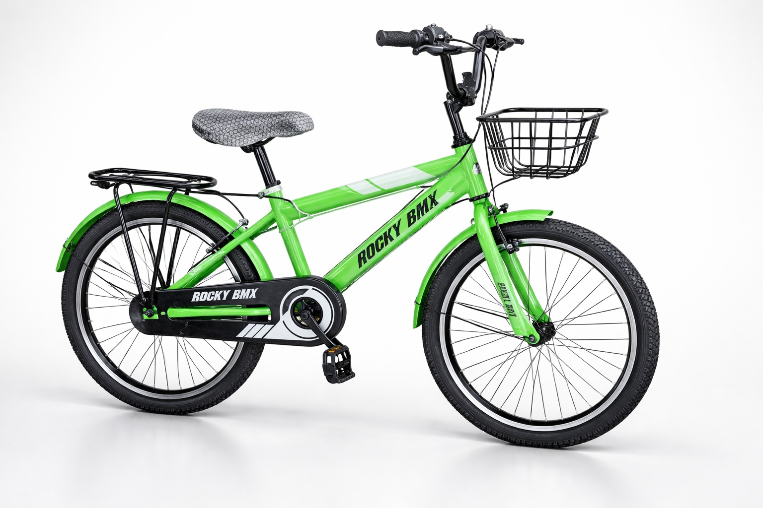 Side view of a Rocky BMX 20-inch kids bicycle featuring a step-through frame, front basket, rear carrier rack, chain guard, mudguards, and durable road tires.