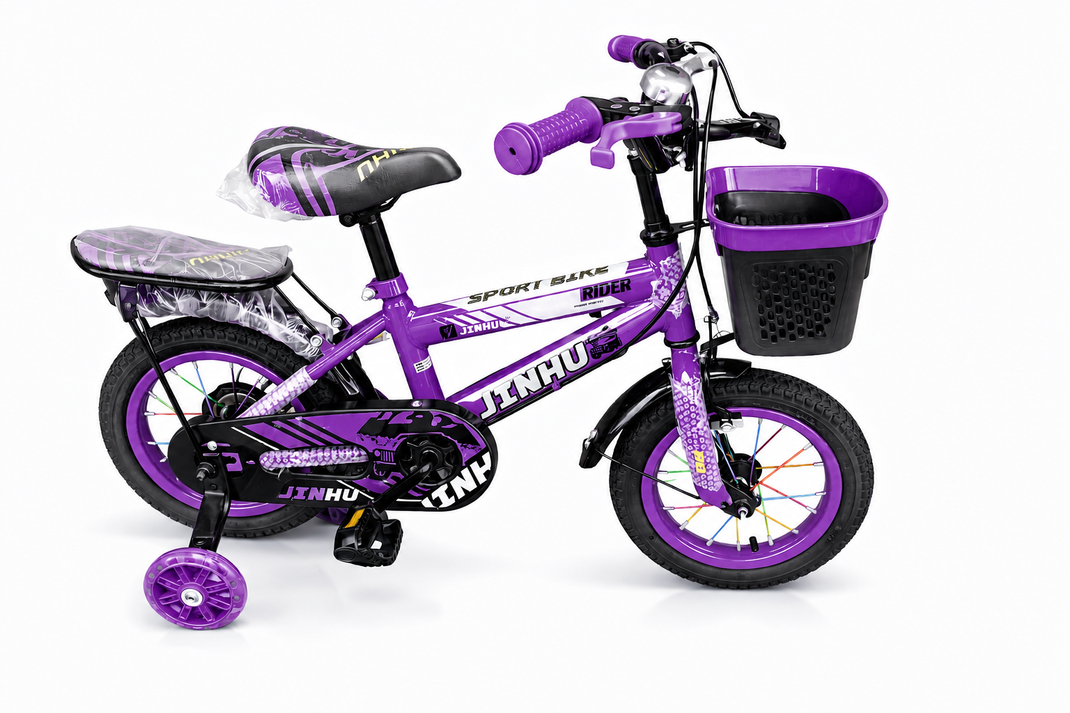 JINHU children's bicycle with training wheels, front storage basket, chain guard, rear passenger seat, and colorful wheel spokes.