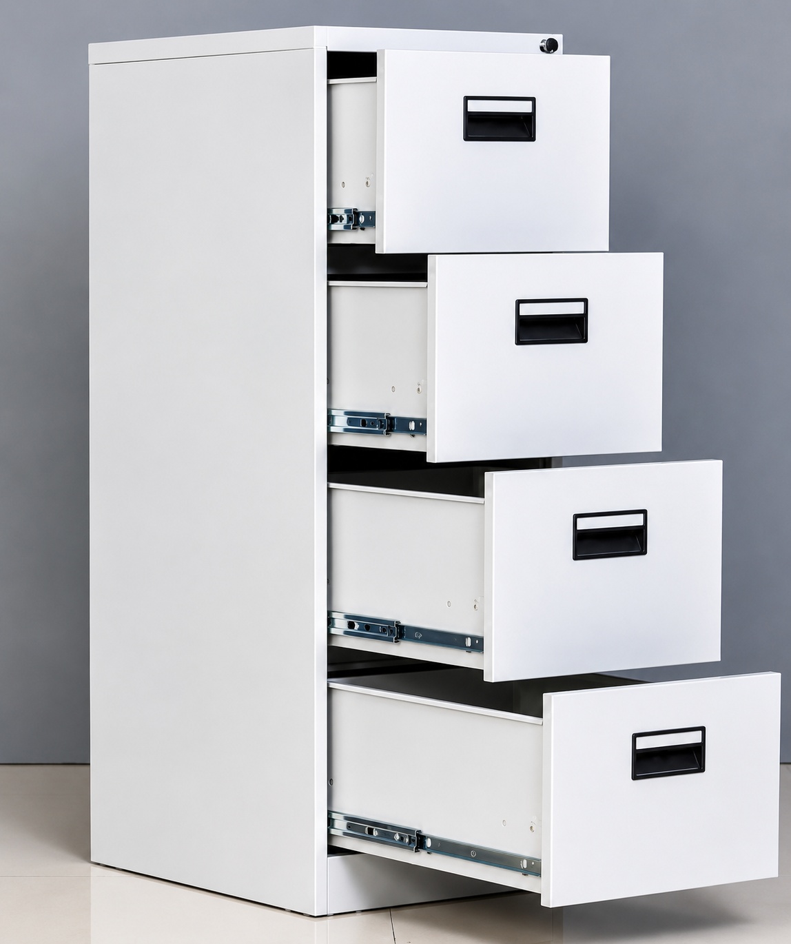 Modern wooden 4 drawer filing cabinet for office document storage with lockable drawers.