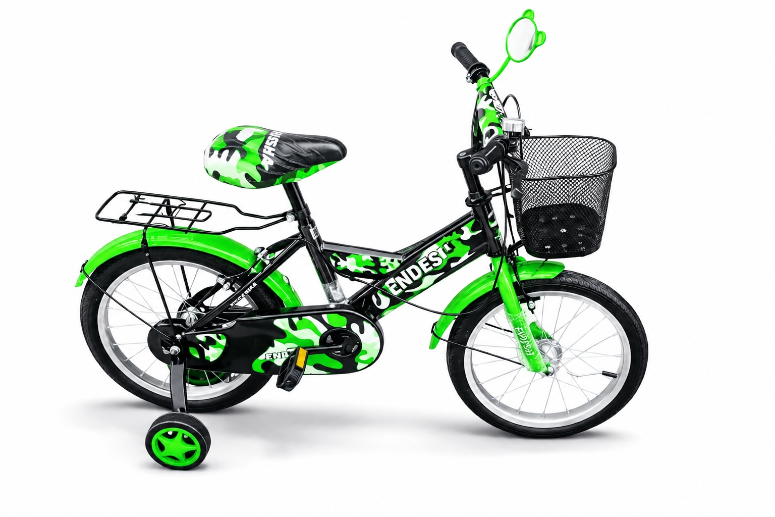 Size 16 Endesha kids bike with a durable steel frame, training wheels, chain guard, and comfortable seat, ideal for children learning to ride.