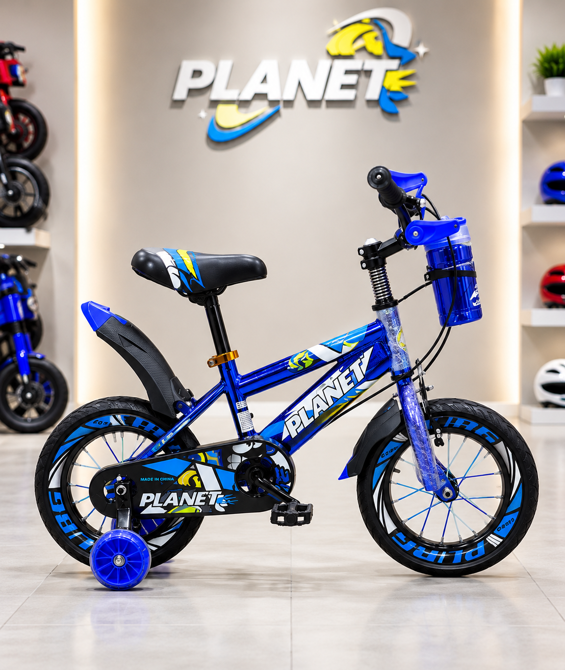 Size 12 Planet kids bicycle in blue and golden colors with training wheels, chain guard, front and rear mudguards, water bottle holder, and sporty graphics.
