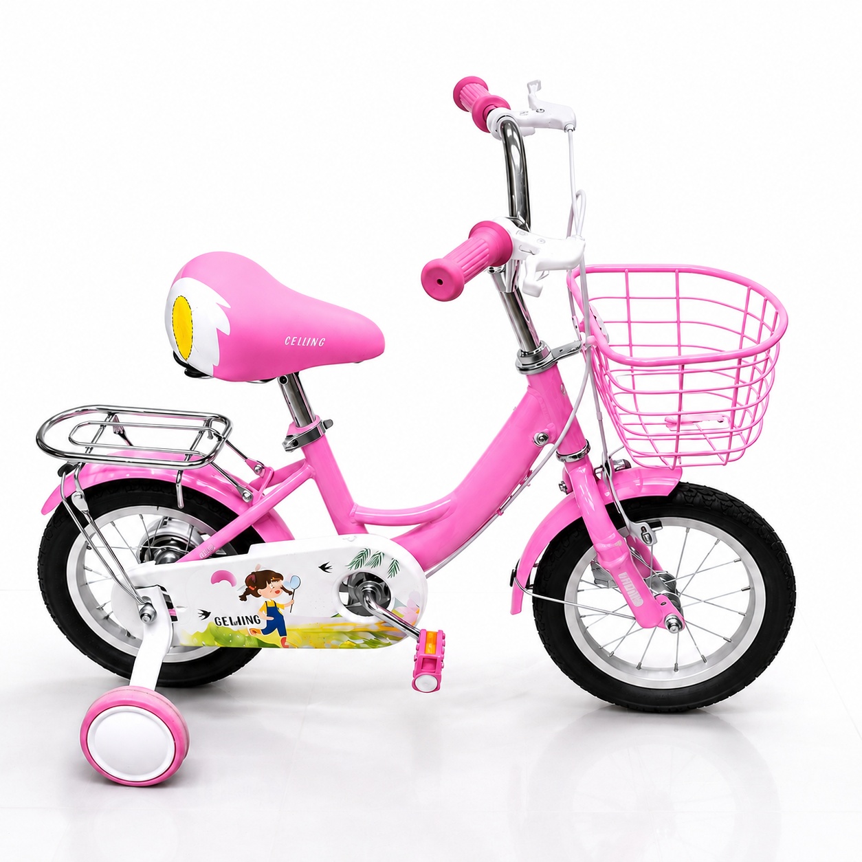 Beijing Ladies Size 12 bicycle with a sturdy steel frame, comfortable saddle, stylish design, and training wheels, ideal for young girls learning to ride safely