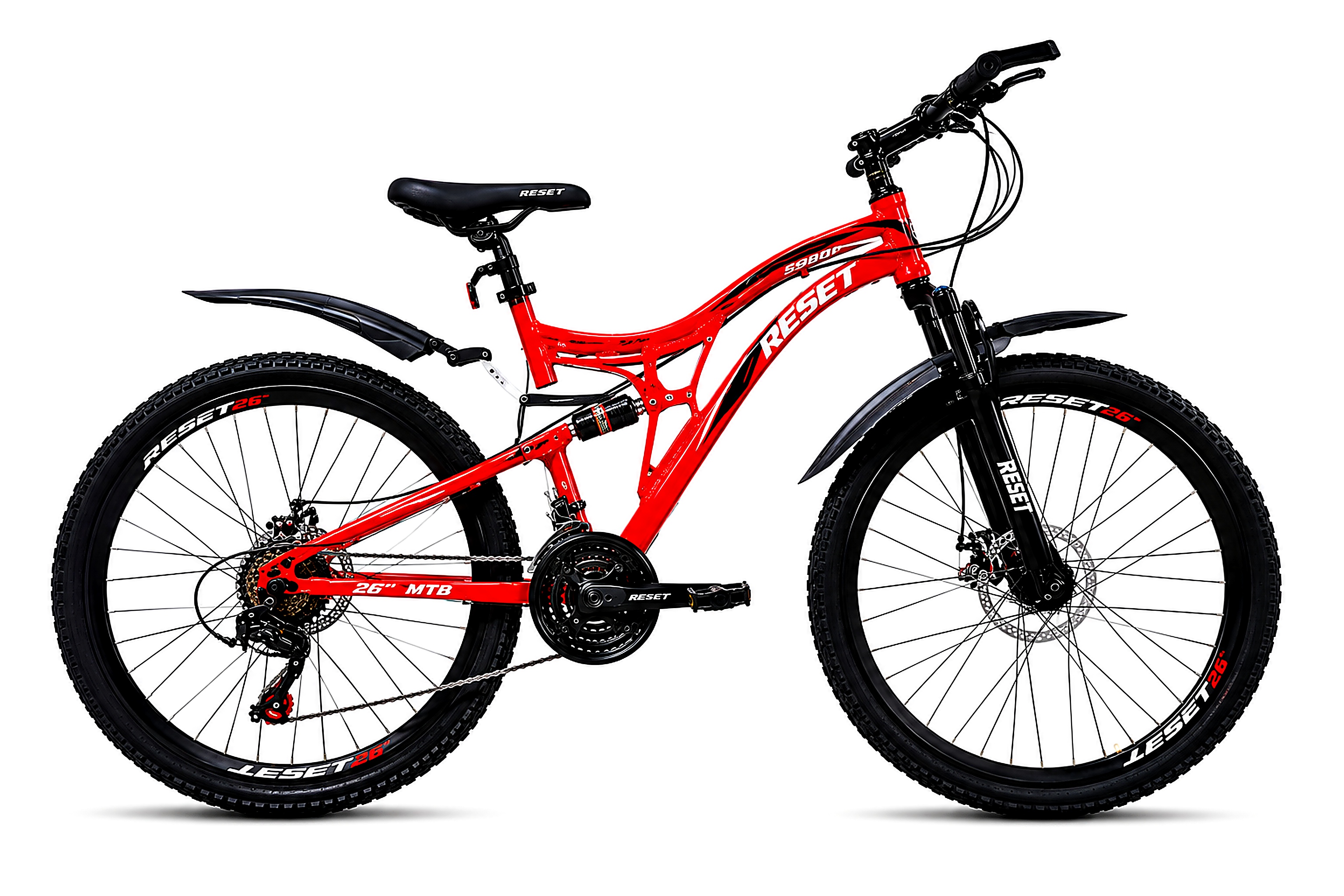 RESET 26-inch full suspension mountain bike in red with front suspension fork, rear shock absorber, mechanical disc brakes, and 21-speed gear system.