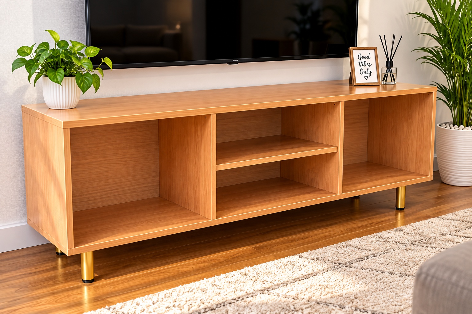 Modern natural oak wooden TV stand with multiple open shelves and gold metal legs