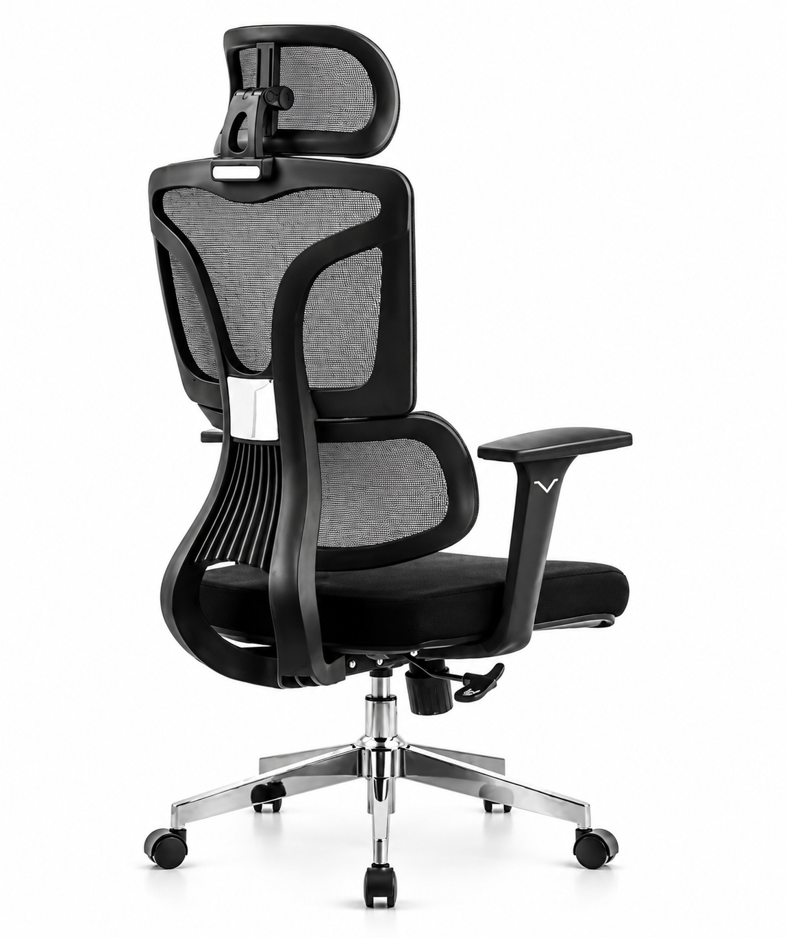 Premium ergonomic high back mesh office chair with adjustable headrest, lumbar support, padded seat, adjustable armrests, aluminum base, and caster wheels.