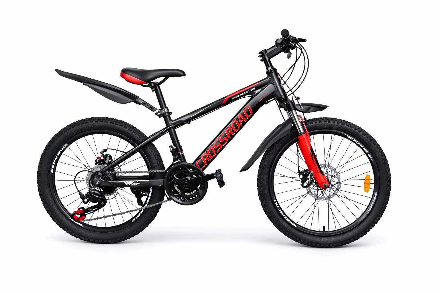 Size 20 Crossroad bicycle with gears, featuring a sturdy frame, multi-speed drivetrain, front and rear brakes, sporty design, and durable tires, suitable for ch