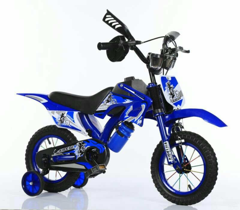 Kids racing bicycle with training wheels, children's bike with motocross design, durable frame, water bottle holder, and beginner-friendly cycling features.