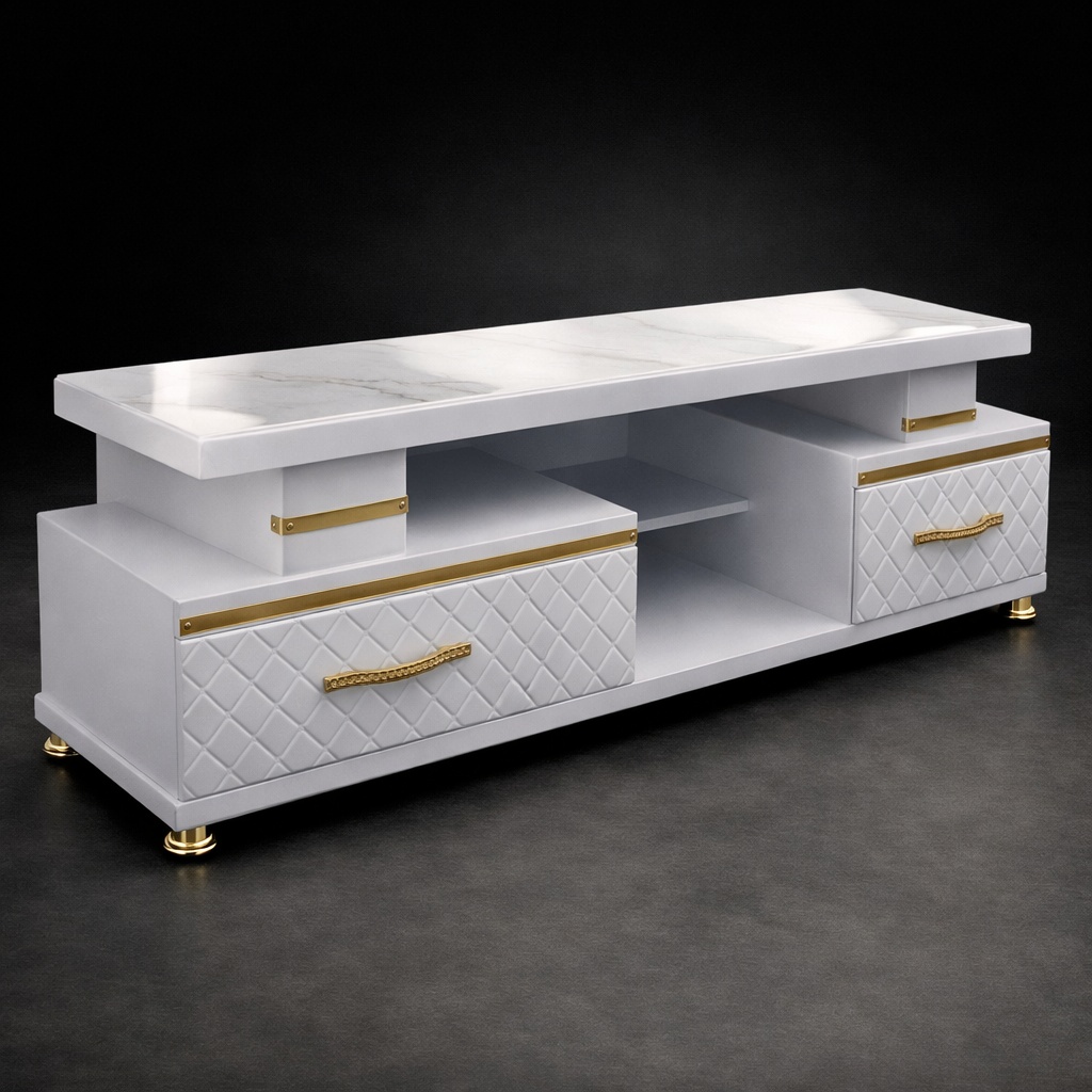 Luxury white TV stand with marble-effect top, gold accents, decorative drawers, and open storage shelves.