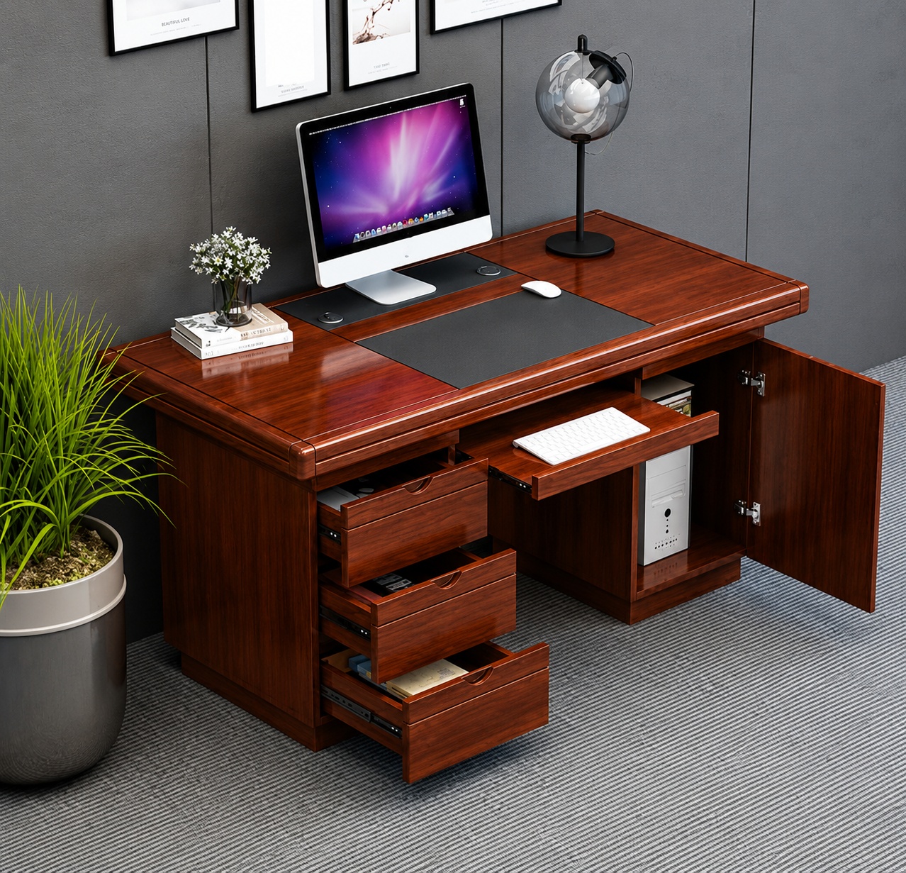 1.4 metre executive wooden office desk with three drawers, keyboard tray, CPU compartment, and lockable storage cabinet in a cherry wood finish.