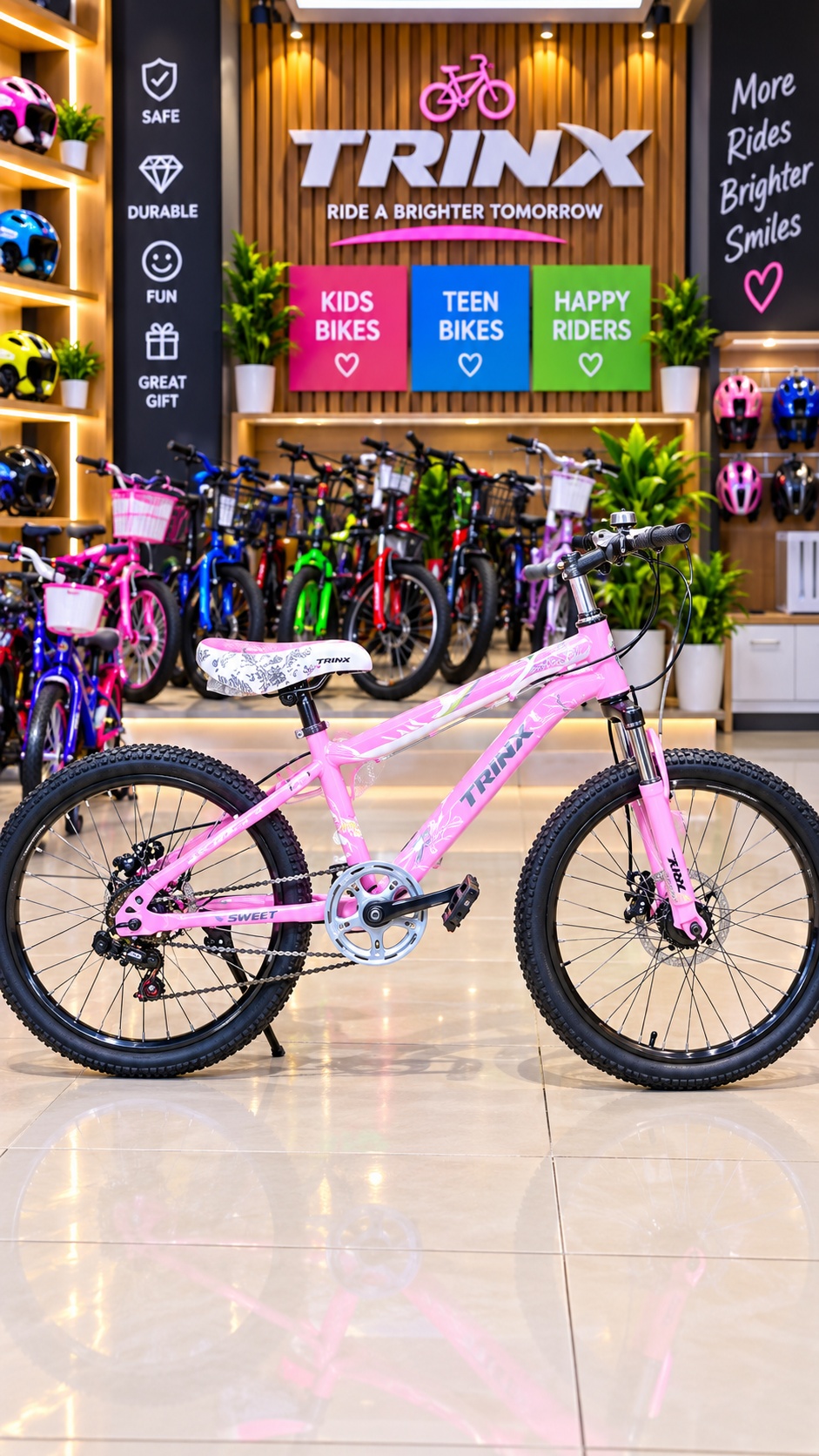 Pink TRINX 24-inch BMX bike with black knobby tires, suspension fork and disc brakes