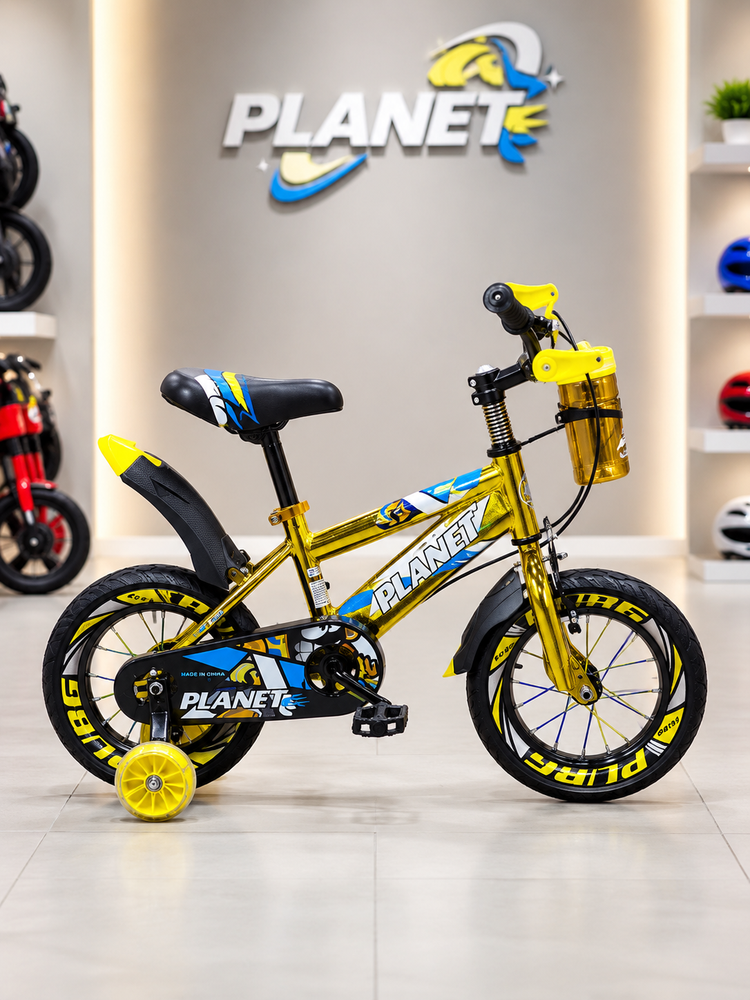 Size 12 Planet kids bicycle in blue and golden colors with training wheels, chain guard, front and rear mudguards, water bottle holder, and sporty graphics.