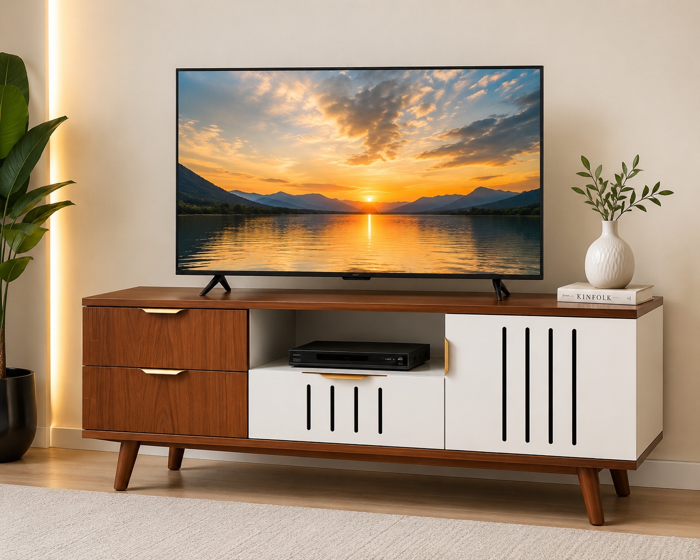 Modern wooden TV stand with walnut and white finish, two drawers, storage cabinet, open media shelf, and tapered wooden legs.
