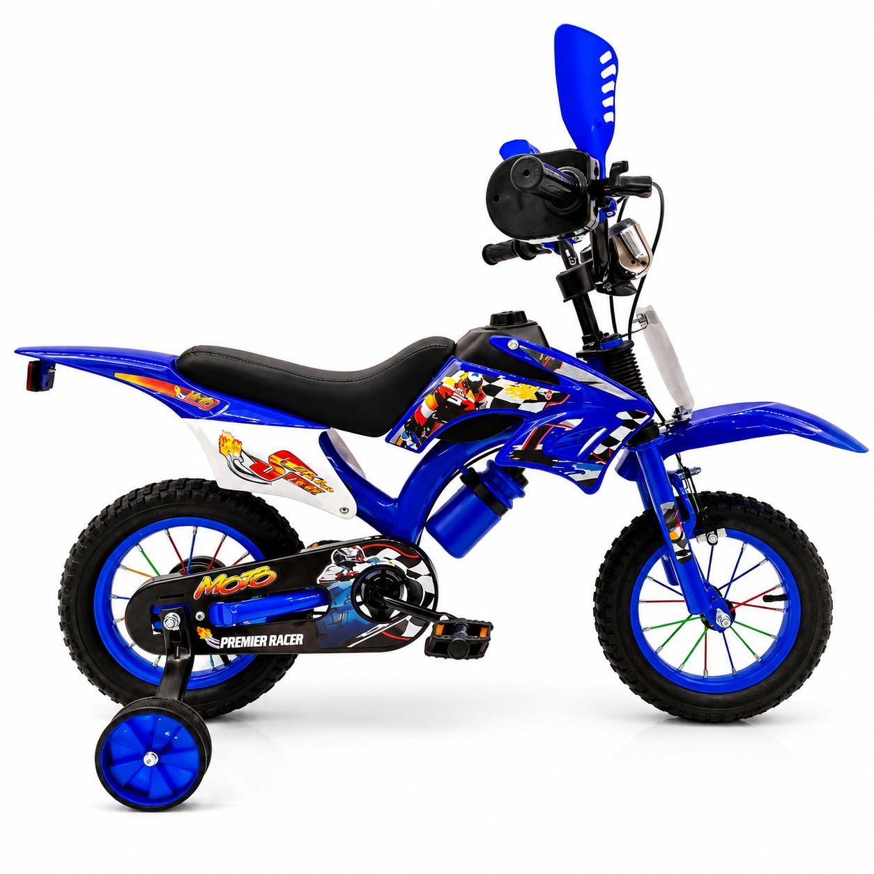 Blue Nduthi Bike 12-inch kids bicycle with training wheels, sporty motorcycle-inspired design and durable tyres