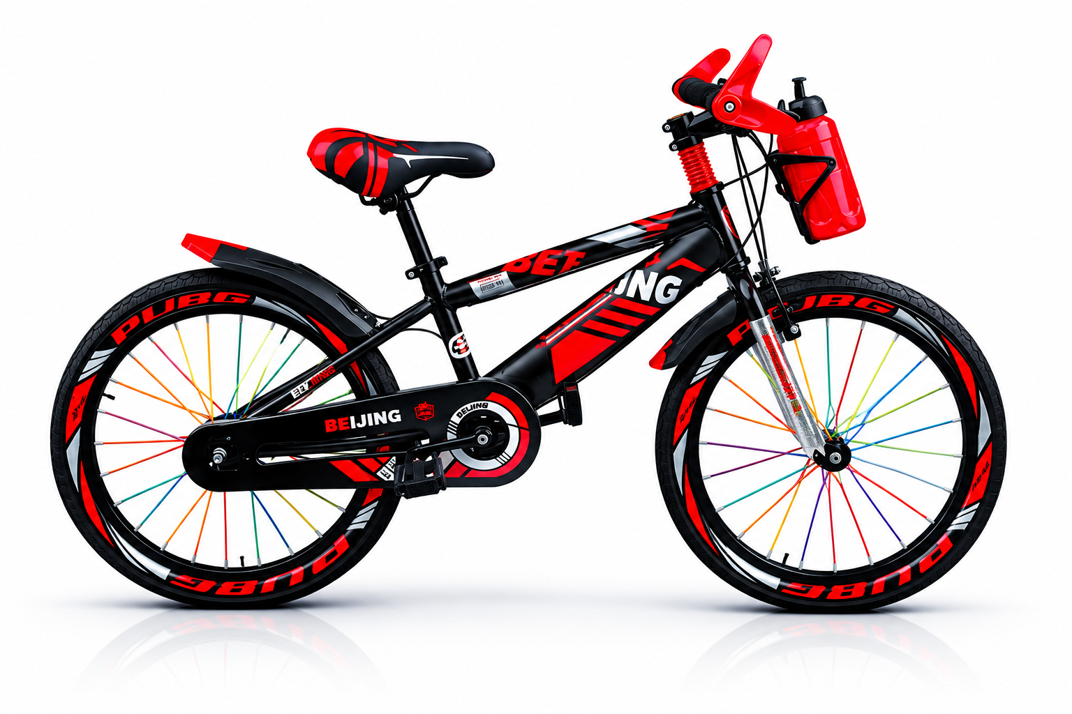Beijing kids bicycle with colorful rainbow spokes, front and rear mudguards, chain guard, water bottle, suspension fork, and sporty graphics.