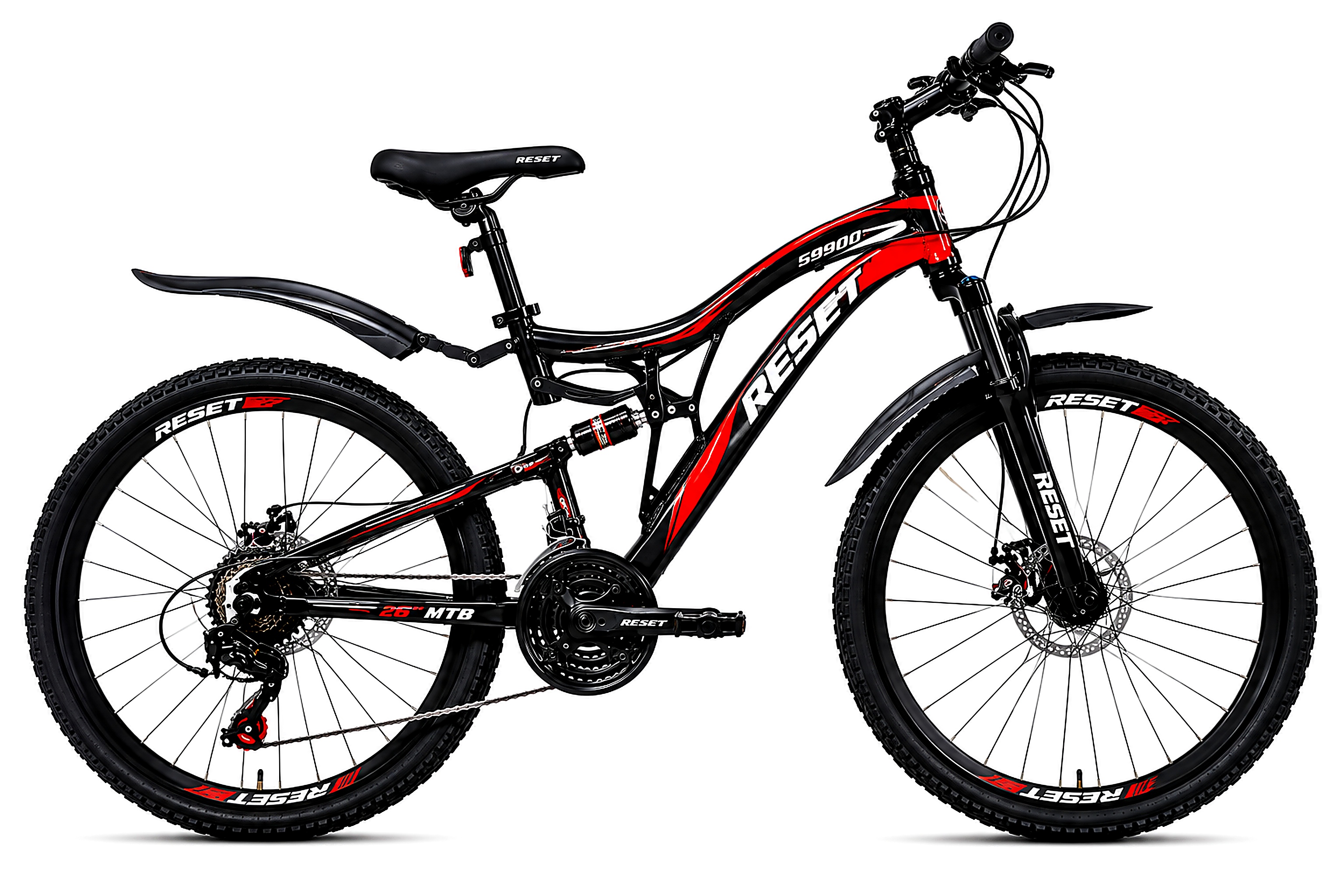 RESET 26-inch full suspension mountain bike in black and red with front suspension fork, rear shock absorber, 21-speed gears, front and rear disc brakes, and al