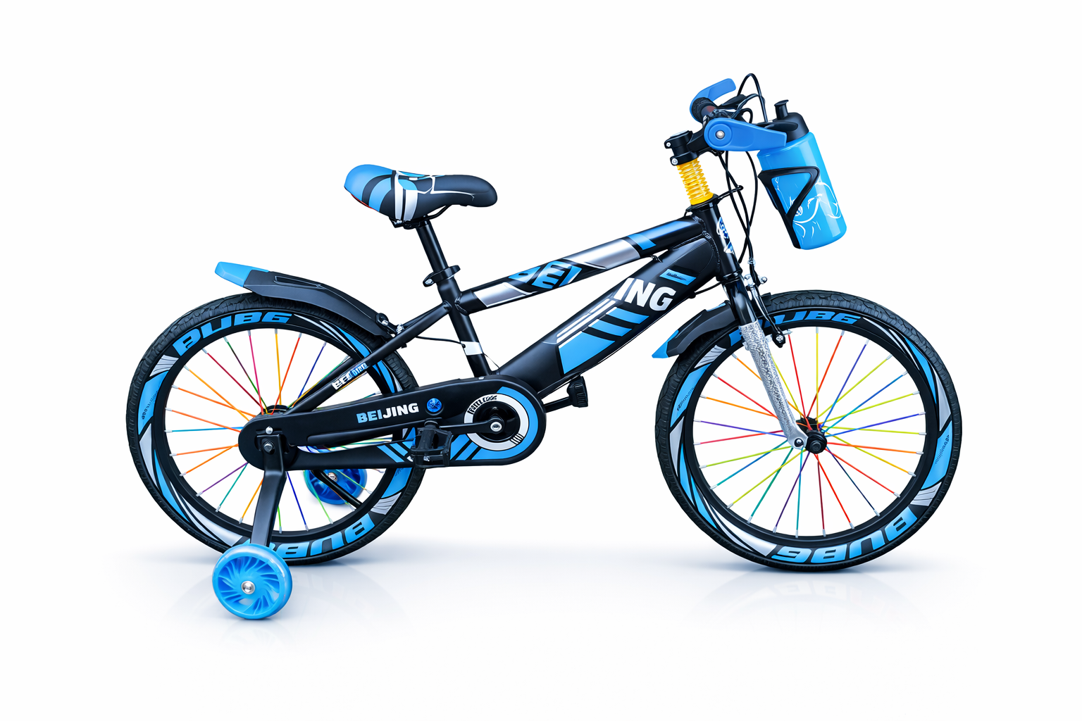 Beijing Size 16 kids bicycle with training wheels, front water bottle, suspension spring, chain guard, front and rear mudguards.