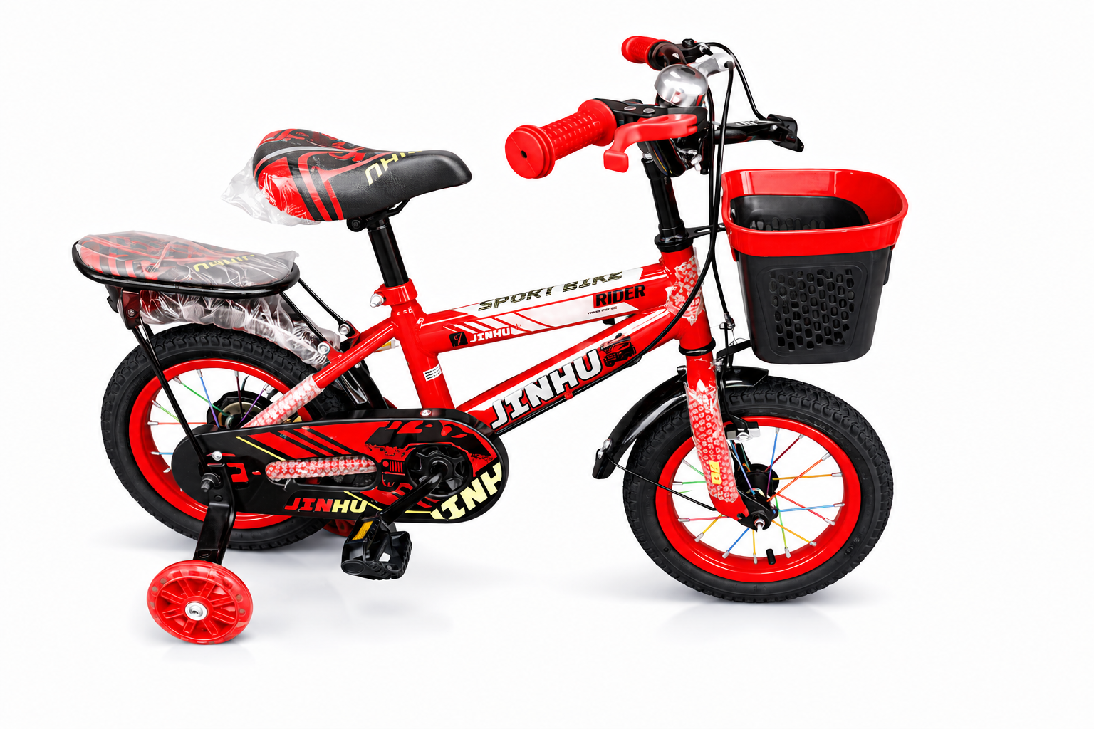 JINHU children's bicycle with training wheels, front storage basket, chain guard, rear passenger seat, and colorful wheel spokes.