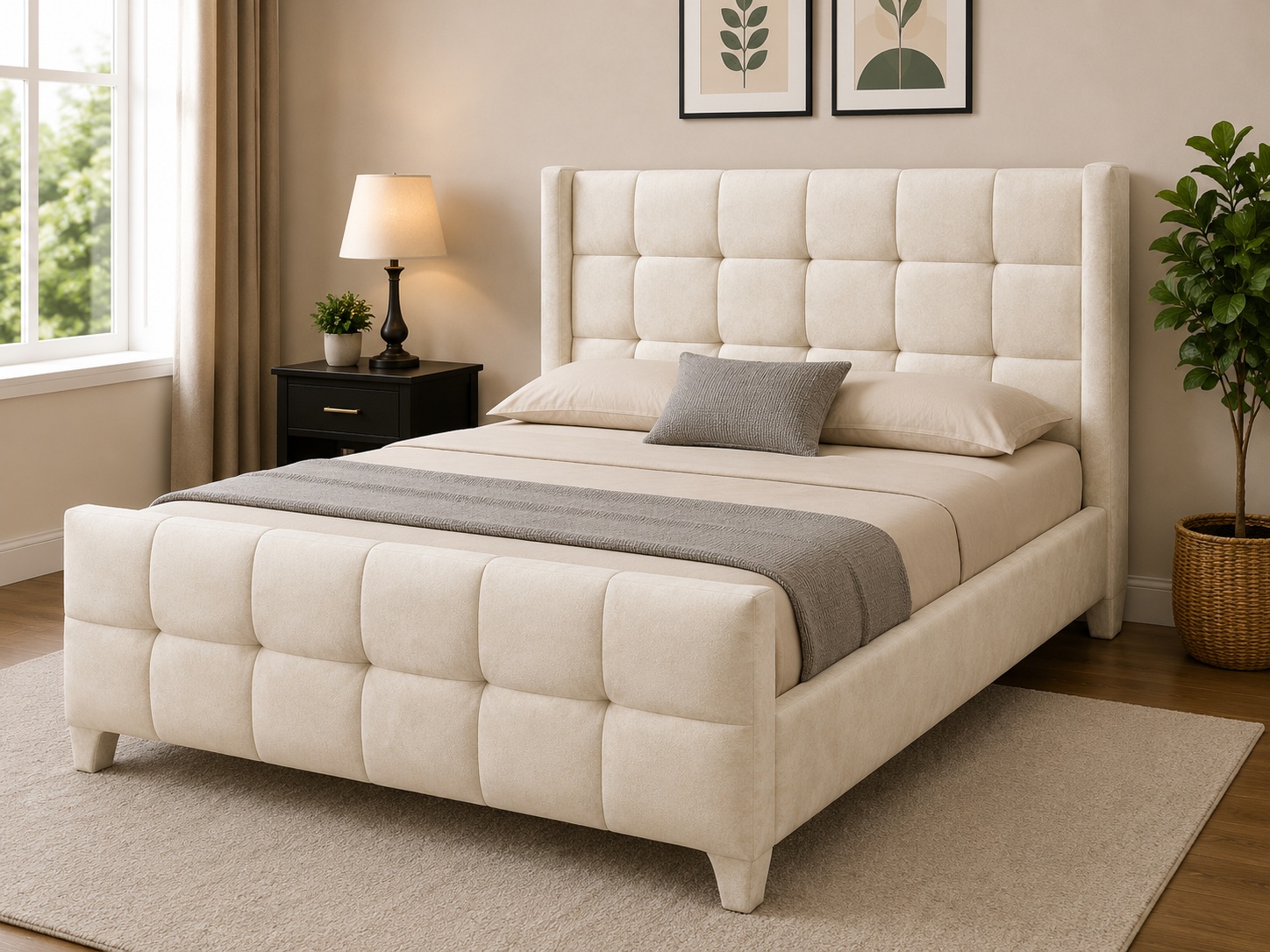 Modern cream upholstered 5x6 bed with square tufted headboard and matching footboard.