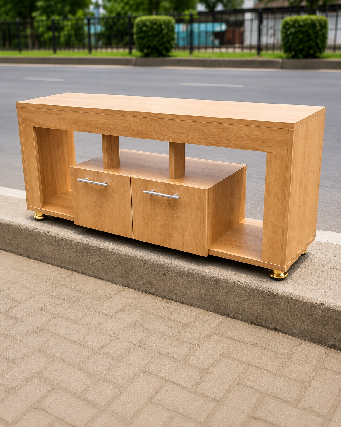 Modern oak wood TV stand with two storage cabinets, open shelves, and a contemporary minimalist design.