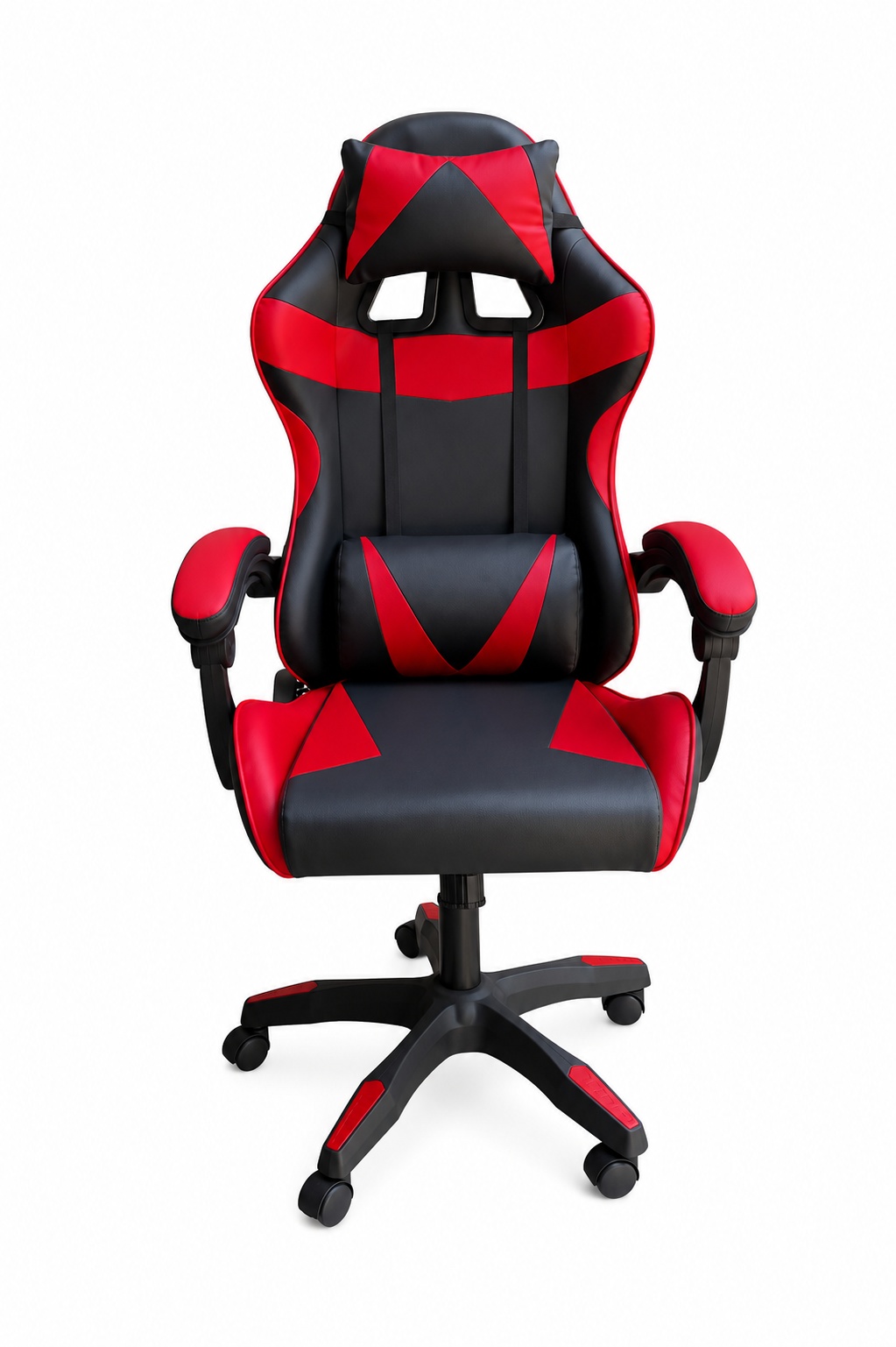 Red and black ergonomic gaming chair with headrest pillow, lumbar support cushion, padded armrests, and rolling caster base.