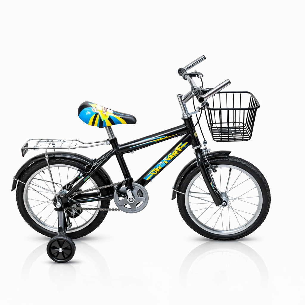 Children's bicycle with training wheels, front wire basket, rear cargo rack, black saddle with yellow accents, chrome handlebars, and black tires.