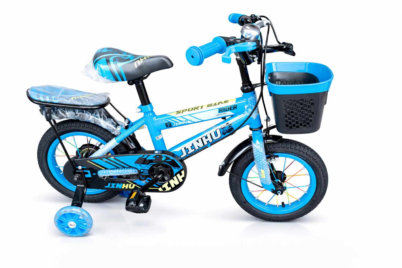 JINHU children's bicycle with training wheels, front storage basket, chain guard, rear passenger seat, and colorful wheel spokes.