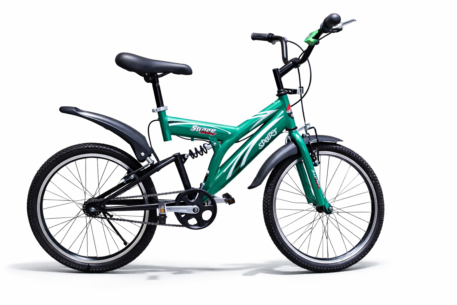Side view of a Supersport 20-inch kids bicycle featuring a rear shock suspension, mudguards, durable tires, and sporty graphics.