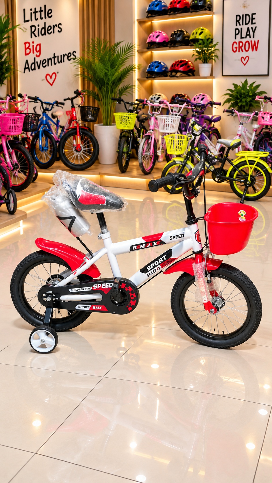 Red and white 14-inch Sport BMX kids bicycle with training wheels and front basket